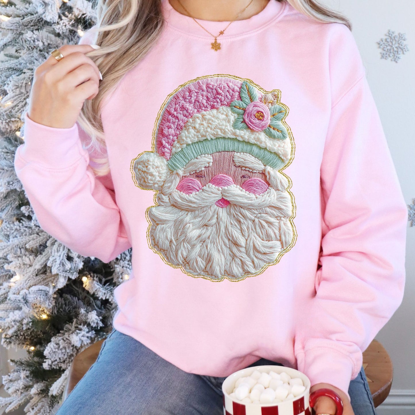 Faux Latch Hook Yarn French Knot Santa Sweatshirts - ALL COLORS - YOUTH & ADULT SIZES