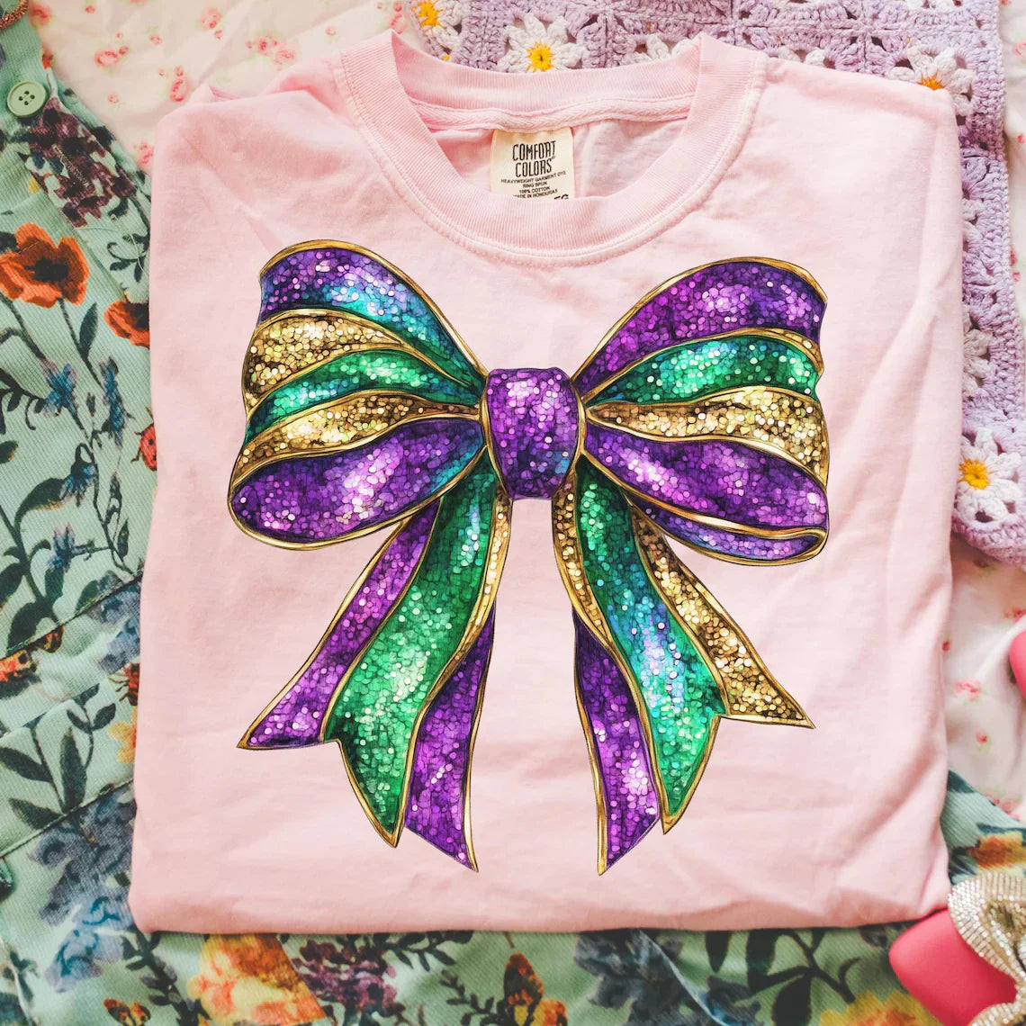 Mardi Gras Bow Pink Comfort Colors Graphic Tees - YOUTH & ADULT SIZES