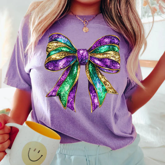 Mardi Gras Bow Violet Comfort Colors Graphic Tees - ALL COLORS - YOUTH & ADULT SIZES