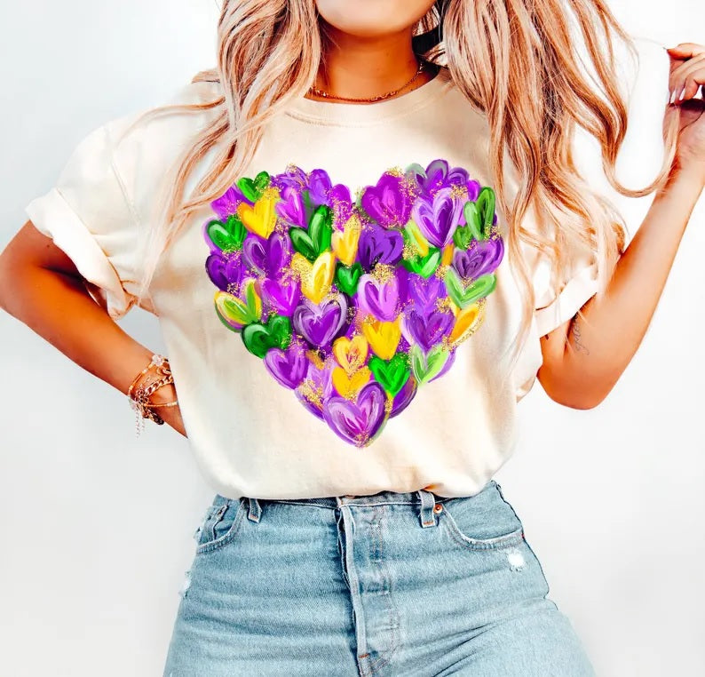 Mardi Gras Heart Ivory Graphic Tees - ALL COLORS - YOUTH & ADULT SIZES
