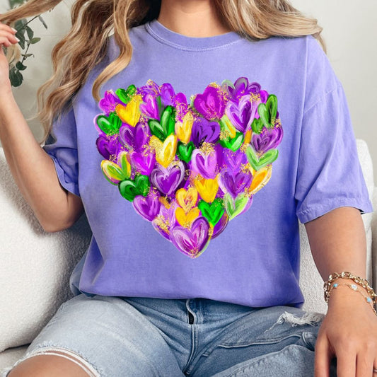 Mardi Gras Heart Violet Comfort Colors Graphic Tees - YOUTH & ADULT SIZES