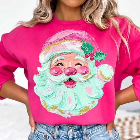 Hand Painted Santa Face Hot Pink Sweatshirts - YOUTH & ADULT SIZES