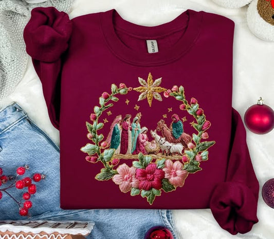 Faux Latch Hook Yarn Nativity Maroon Sweatshirts - YOUTH & ADULT SIZES
