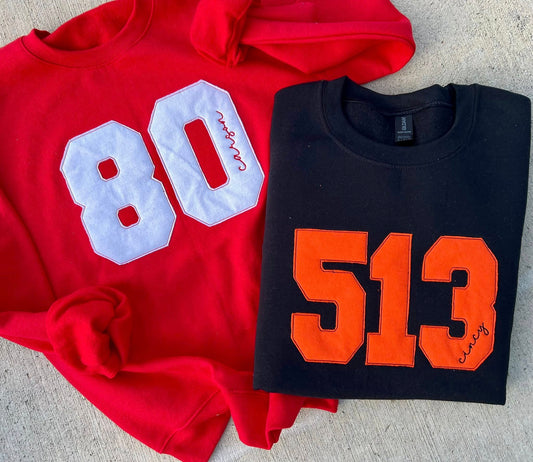 Embroidered Raggy Number Applique Sweatshirts - ADULTS