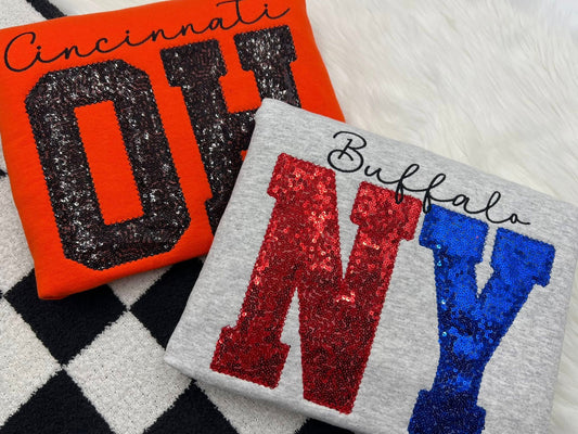 Embroidered Sequin Large Initial Applique Tees OR Sweatshirts - ADULTS