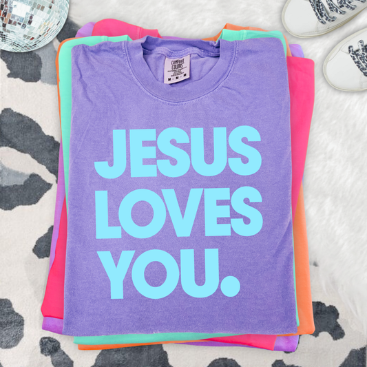 JESUS LOVES YOU Orchid/Aqua Comfort Colors Graphic Tees - YOUTH & ADULT SIZES