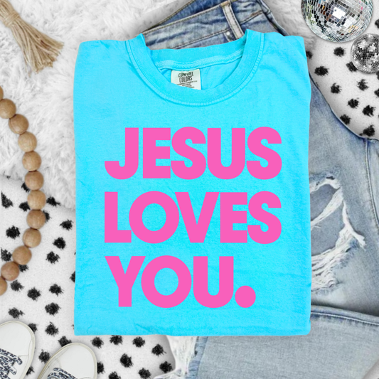 JESUS LOVES YOU Lagoon/Pink Comfort Colors Graphic Tees - YOUTH & ADULT SIZES