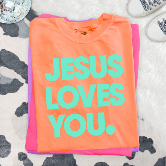 JESUS LOVES YOU Neon Cantaloupe/Green Comfort Colors Graphic Tees - ADULT SIZES