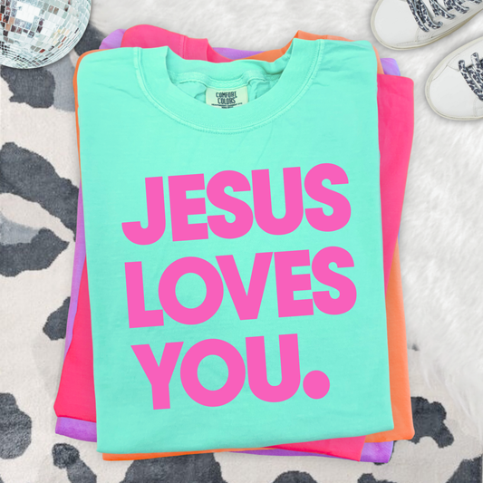 JESUS LOVES YOU Island Reef/Pink Comfort Colors Graphic Tees - YOUTH & ADULT SIZES
