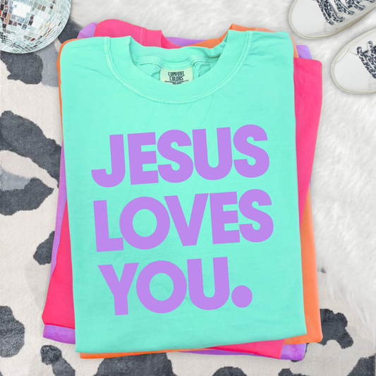 JESUS LOVES YOU Island Reef/Orchid Comfort Colors Graphic Tees - YOUTH & ADULT SIZES