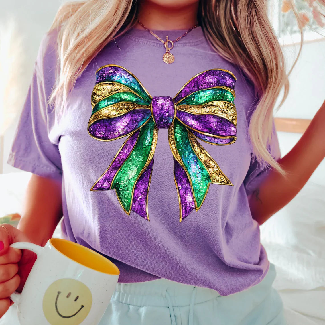 Mardi Gras Bow Violet Comfort Colors Graphic Tees - ALL COLORS - YOUTH & ADULT SIZES
